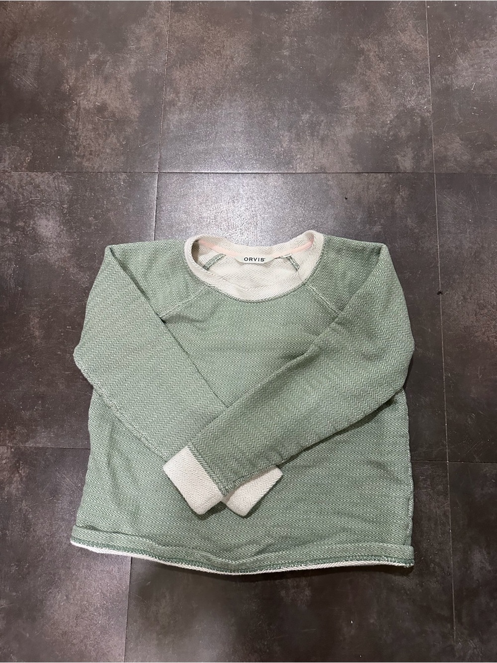 Orvis Sage Green Sweater with Cream Trim